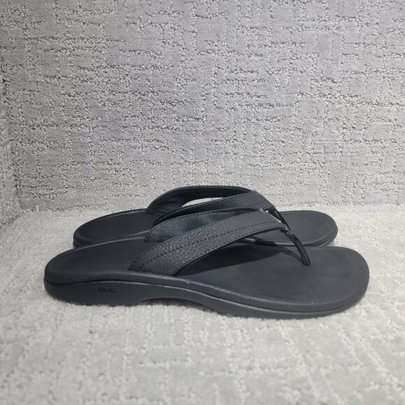 Olukai Ohana Women's Size US 8 Black Leather Slip On Flat Flip Flop Sandals - Picture 4 of 9